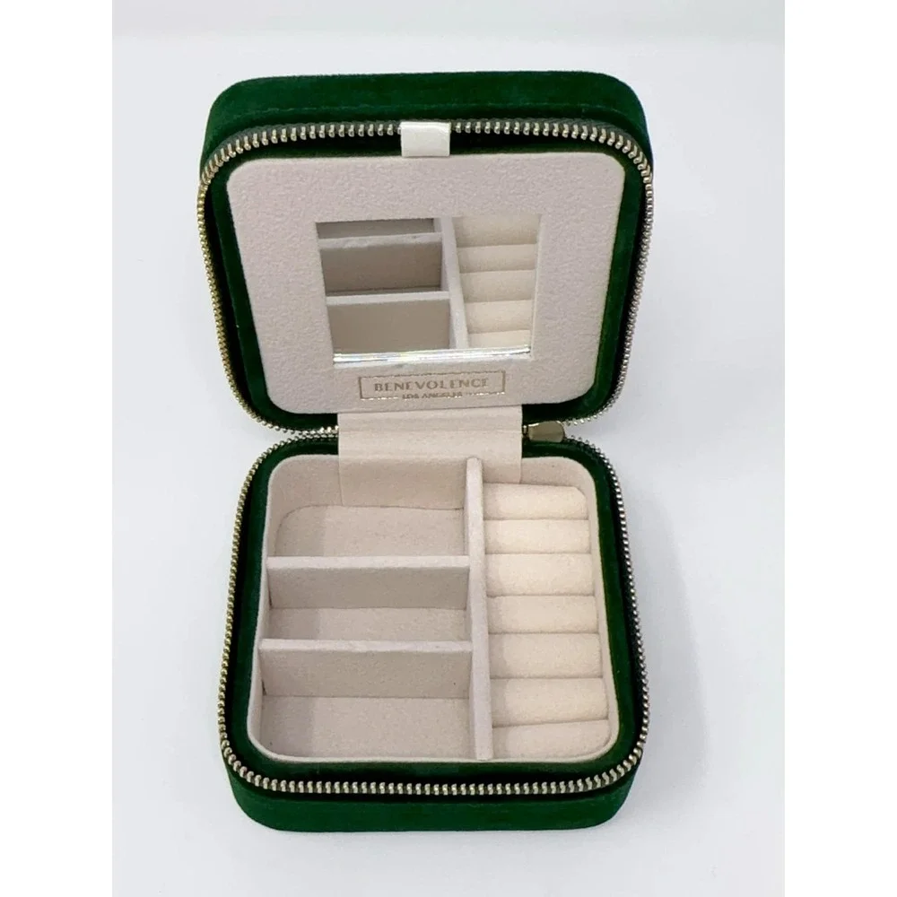 NEW Benevolence‎ Square Travel Jewelry Organizer Box with Mirror Green Velvet